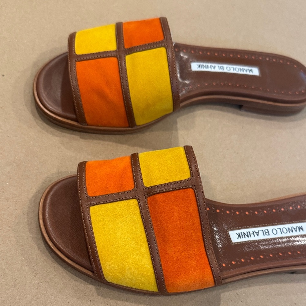 Manolo Blahnik Orange and Yellow Slide Sandals - Picture 6 of 6